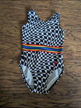 GK Elite Black & White Checkered Leotard with Rainbow Waistband